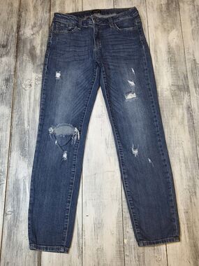 Poison Mushroom Women's Boyfriend Ripped Jeans in Dark Blue Wash sz 26